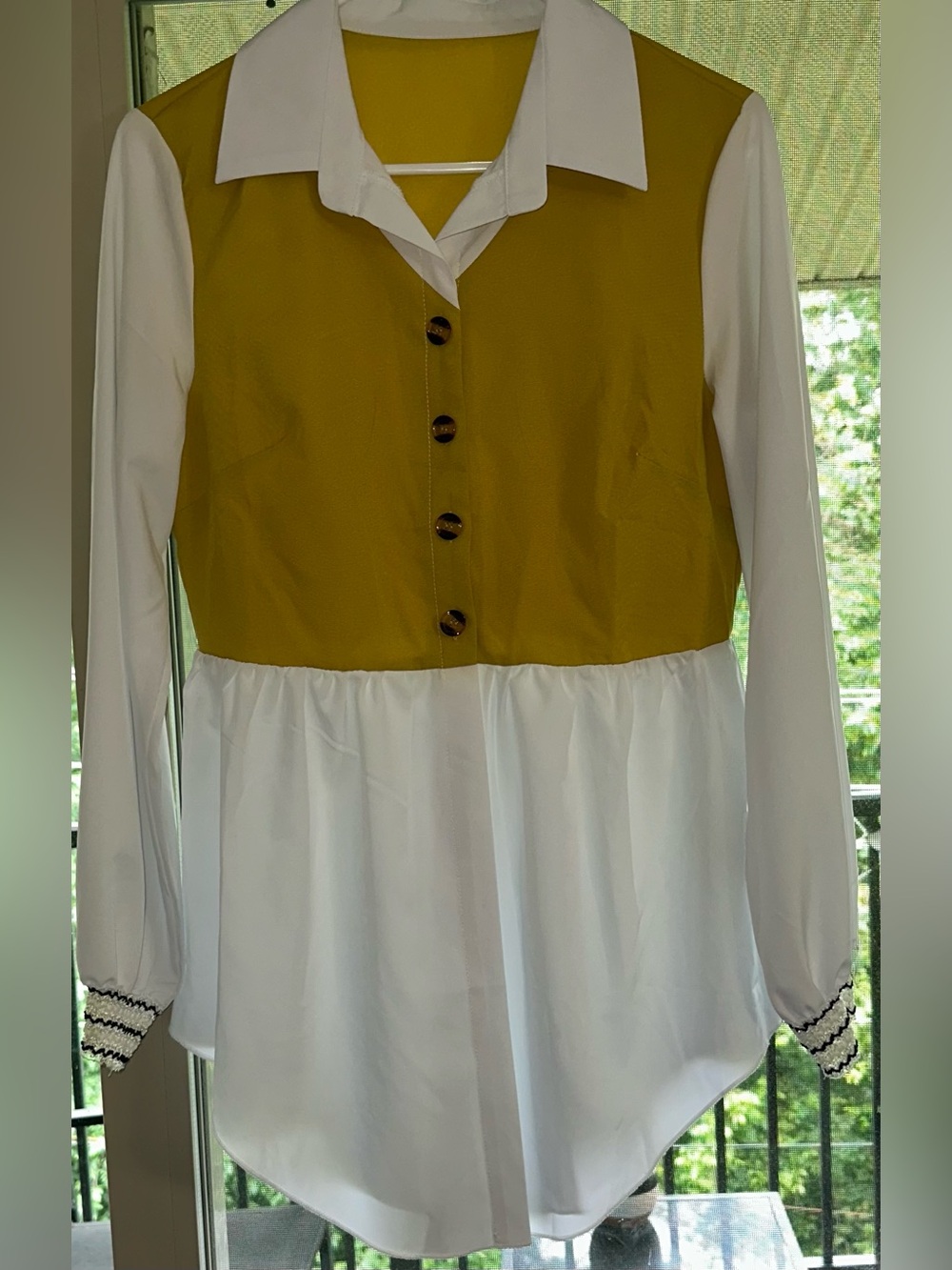 New w/o tags: Mustard Yellow & White Button Front Peplum Blouse